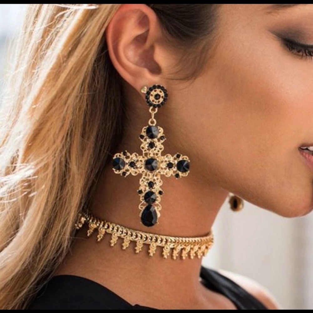 Statement Black & Gold Cross Earrings - Gothic, Victorian, Elegant 3.5" Drop